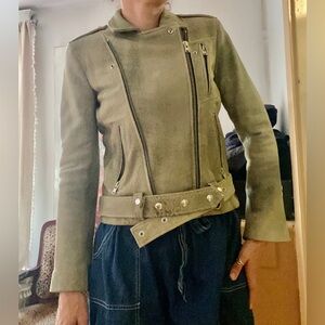 Iro Jovaspe distressed khaki green moto lamb leather jacket